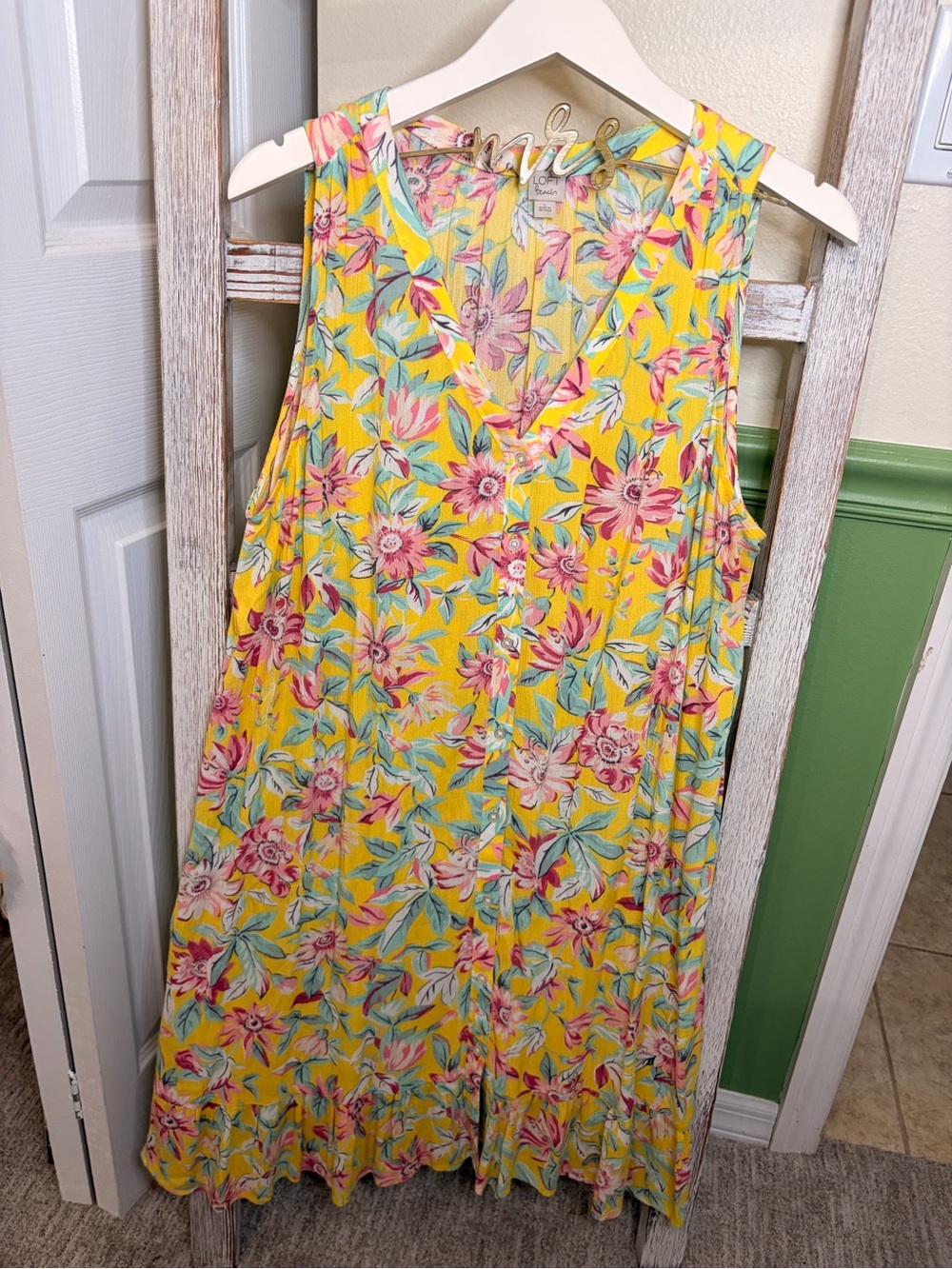 🌼 LOFT Beach Yellow Floral Button Front Midi Dress